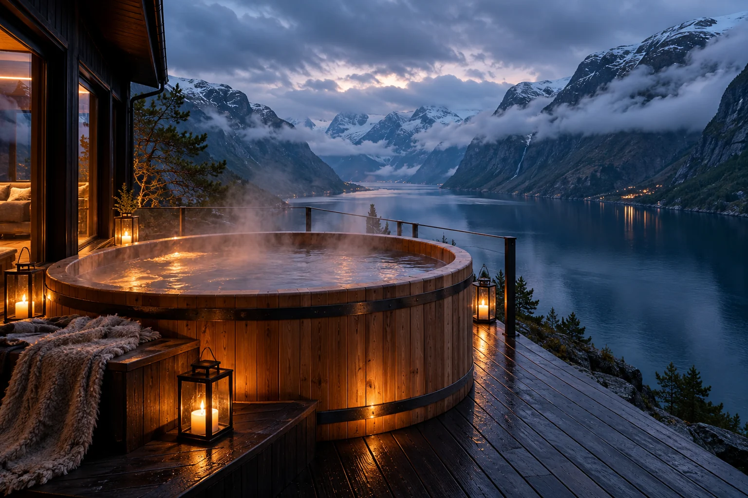 Bain nordique fumant sur une terrasse face au fjord