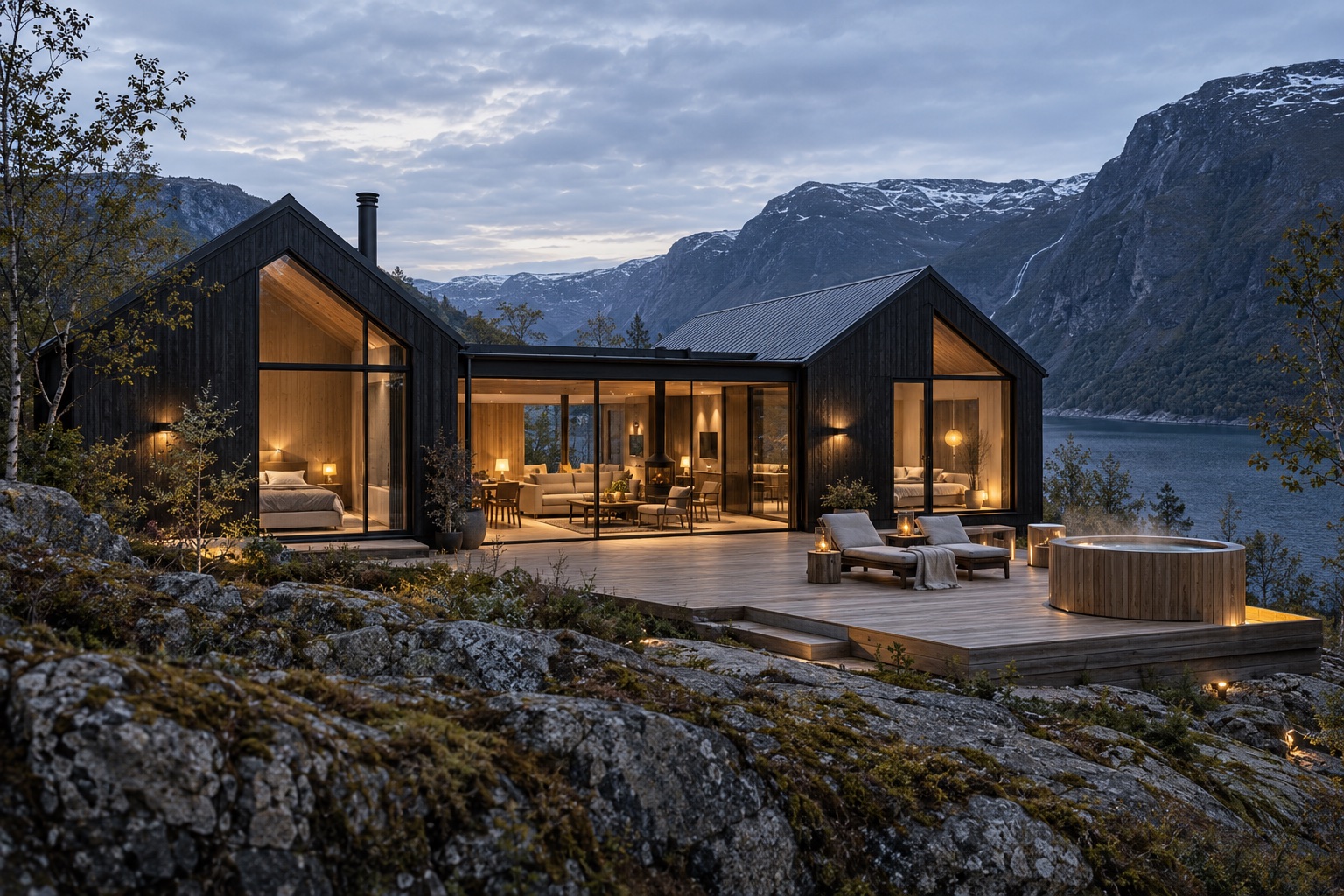 Chalet à deux volumes et salon vitré au-dessus du fjord