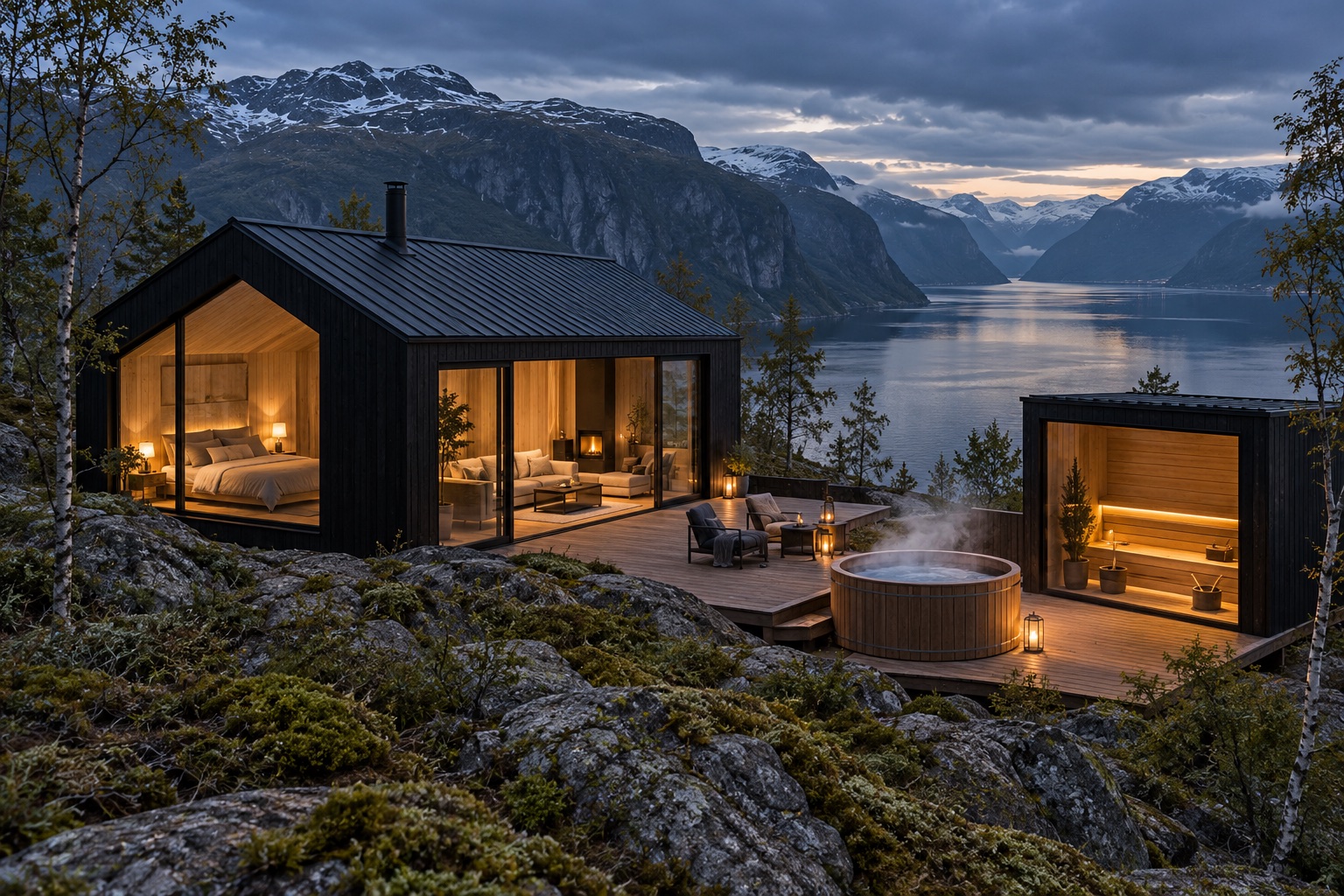 Chalet pour deux à quatre personnes avec un pavillon sauna vitré et un bain nordique sur sa terrasse privée