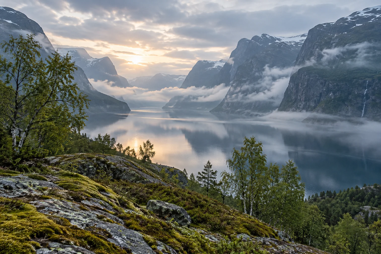 Sentier au-dessus d'un fjord dans la brume du matin