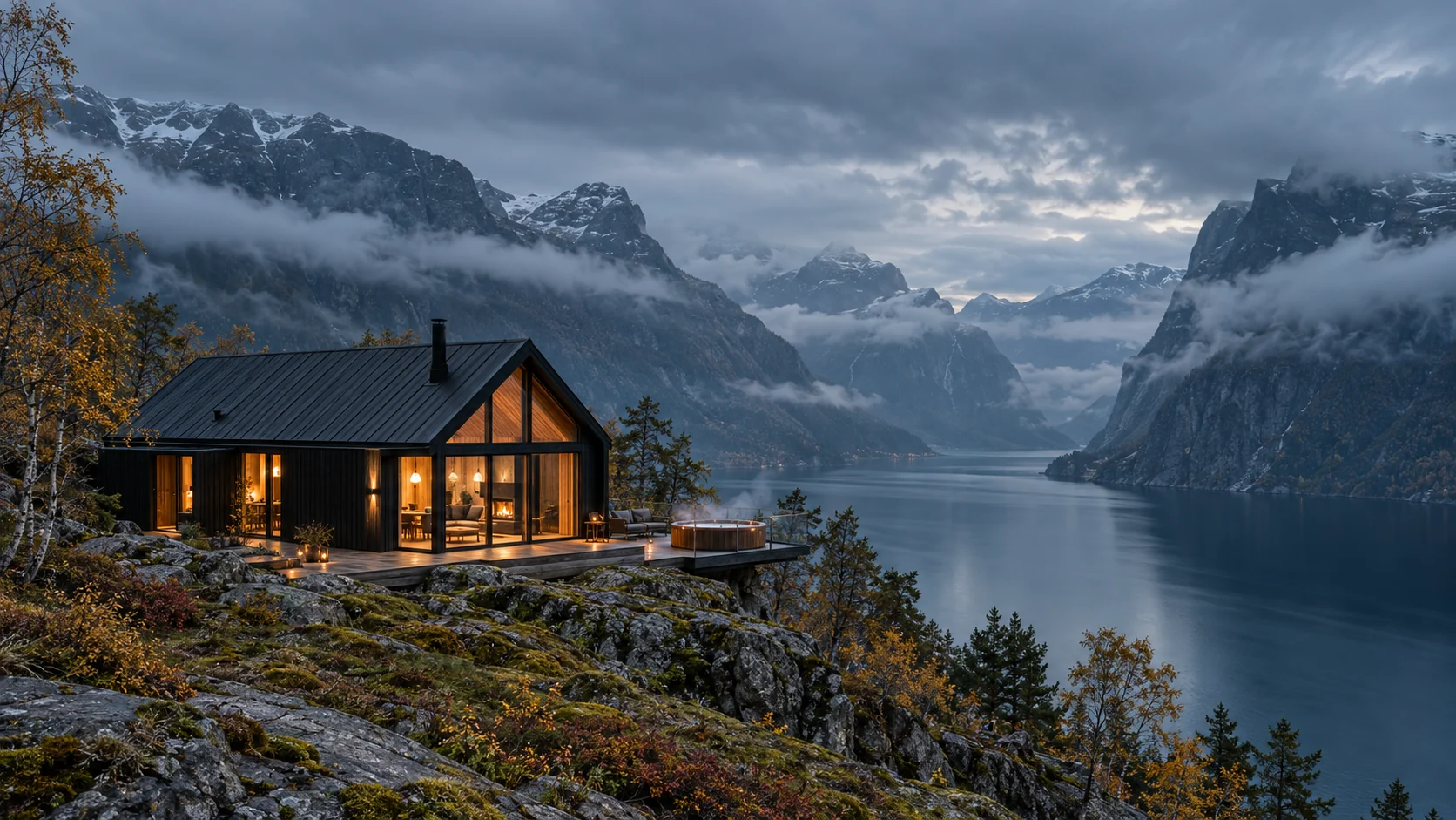 Chalet en bois noir et bain privé au-dessus du fjord