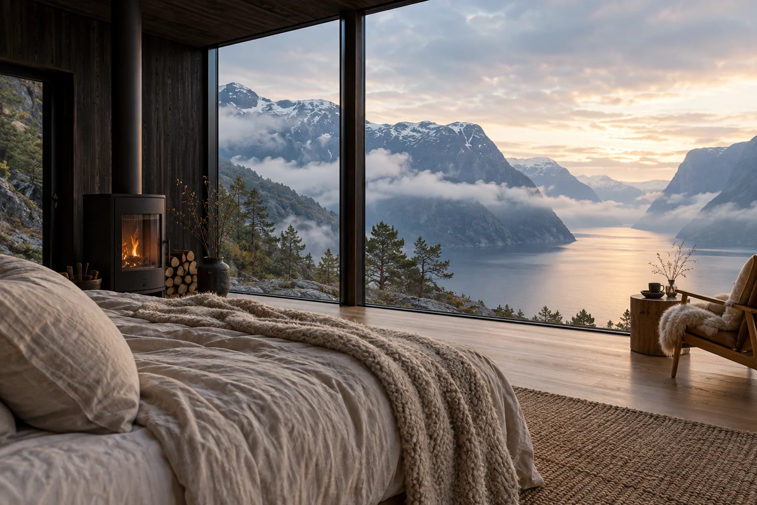 Chambre chaleureuse ouverte par de grandes baies vitrées sur un fjord