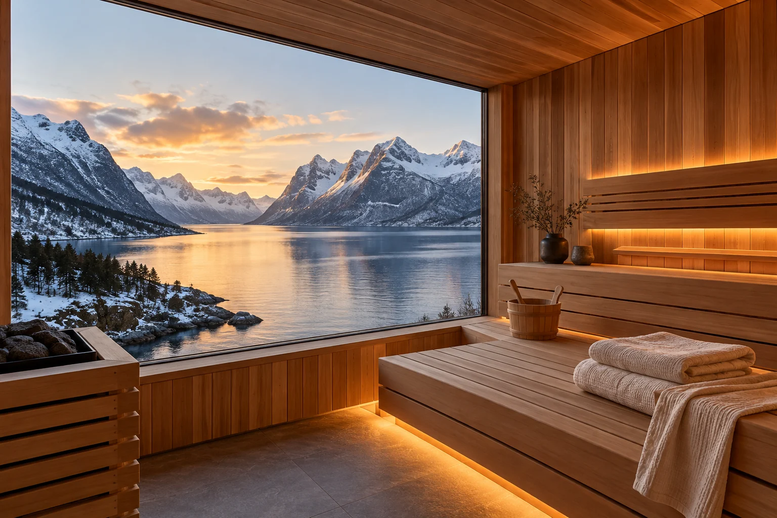 Sauna en bois clair et vue panoramique sur un fjord